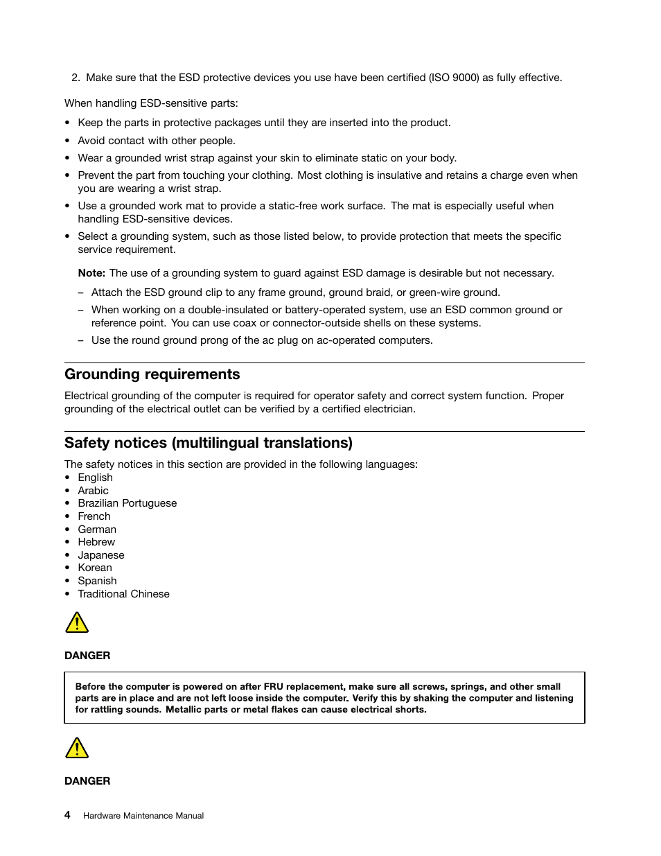 Grounding requirements, Safety notices (multilingual translations) | Lenovo B470e Notebook User Manual | Page 10 / 92