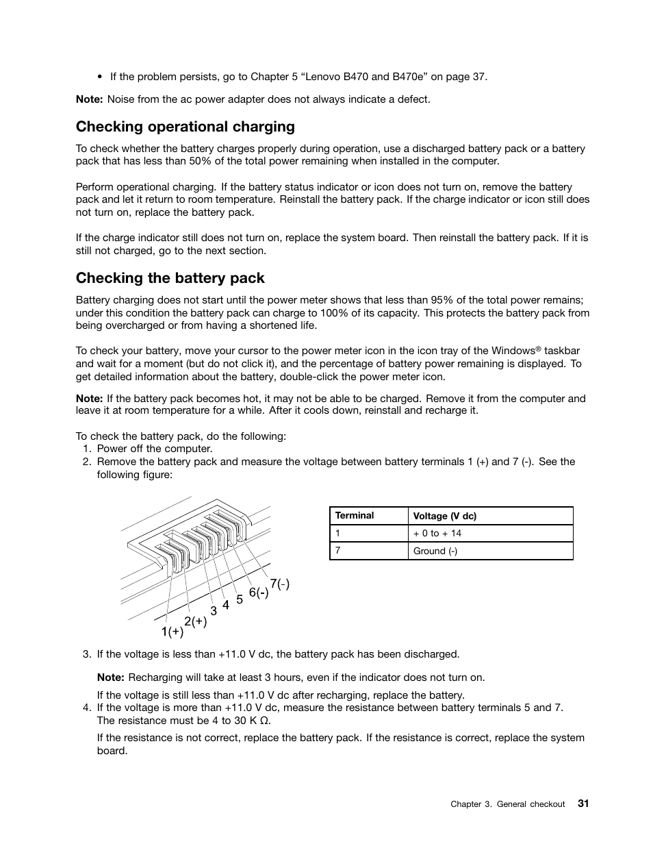 Checking operational charging, Checking the battery pack | Lenovo B470e Notebook User Manual | Page 37 / 92