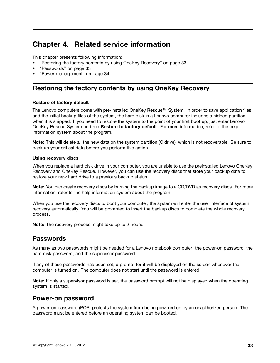 Chapter 4. related service information, Passwords, Power-on password | Lenovo B470e Notebook User Manual | Page 39 / 92