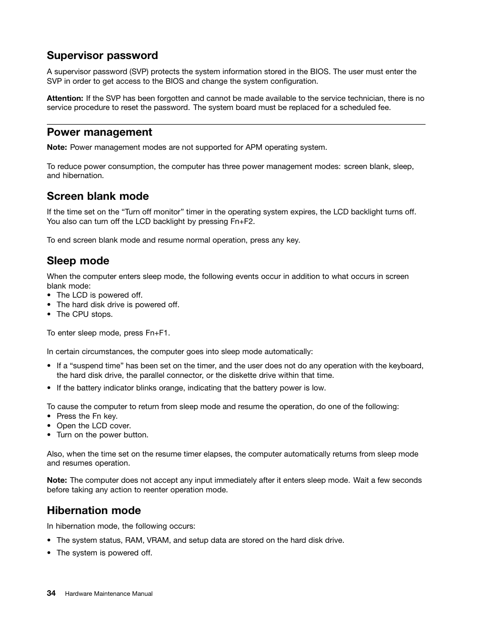 Supervisor password, Power management, Screen blank mode | Sleep mode, Hibernation mode | Lenovo B470e Notebook User Manual | Page 40 / 92