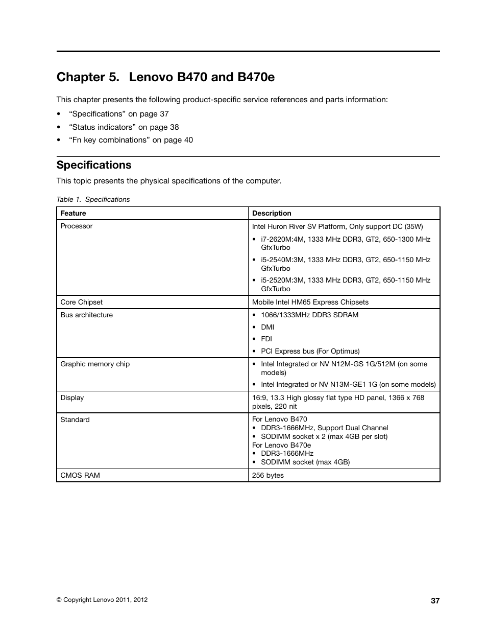 Chapter 5. lenovo b470 and b470e, Specifications | Lenovo B470e Notebook User Manual | Page 43 / 92