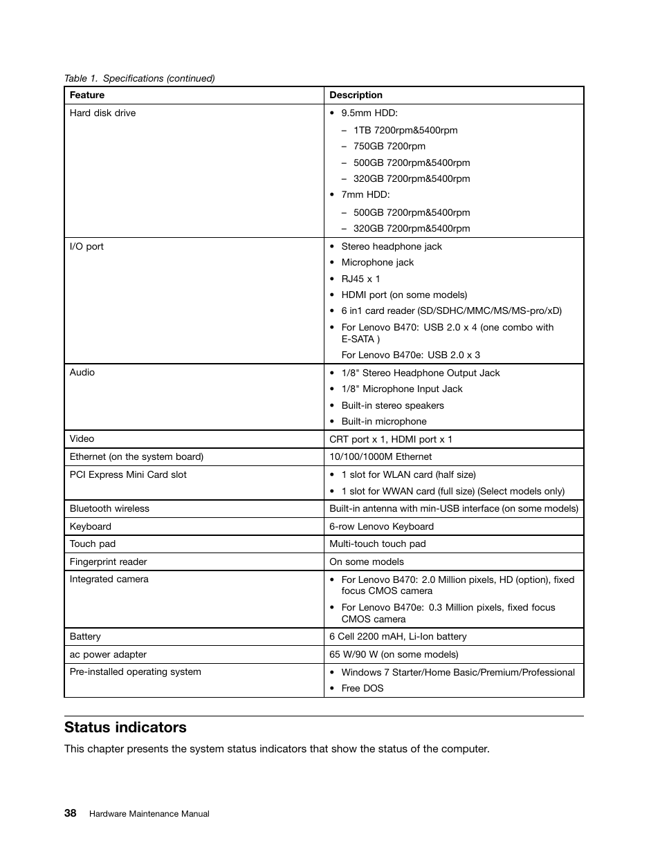 Status indicators | Lenovo B470e Notebook User Manual | Page 44 / 92