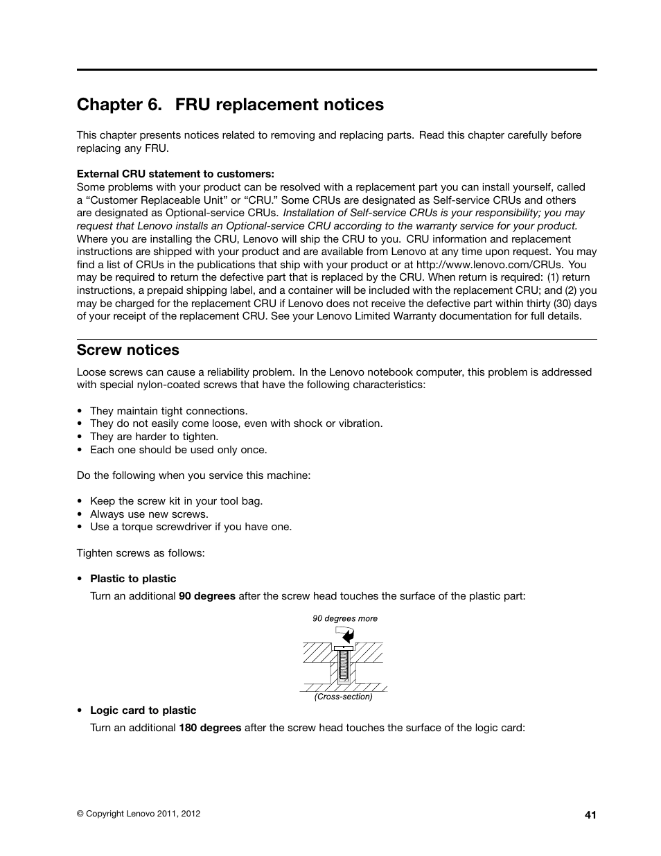 Chapter 6. fru replacement notices, Screw notices | Lenovo B470e Notebook User Manual | Page 47 / 92