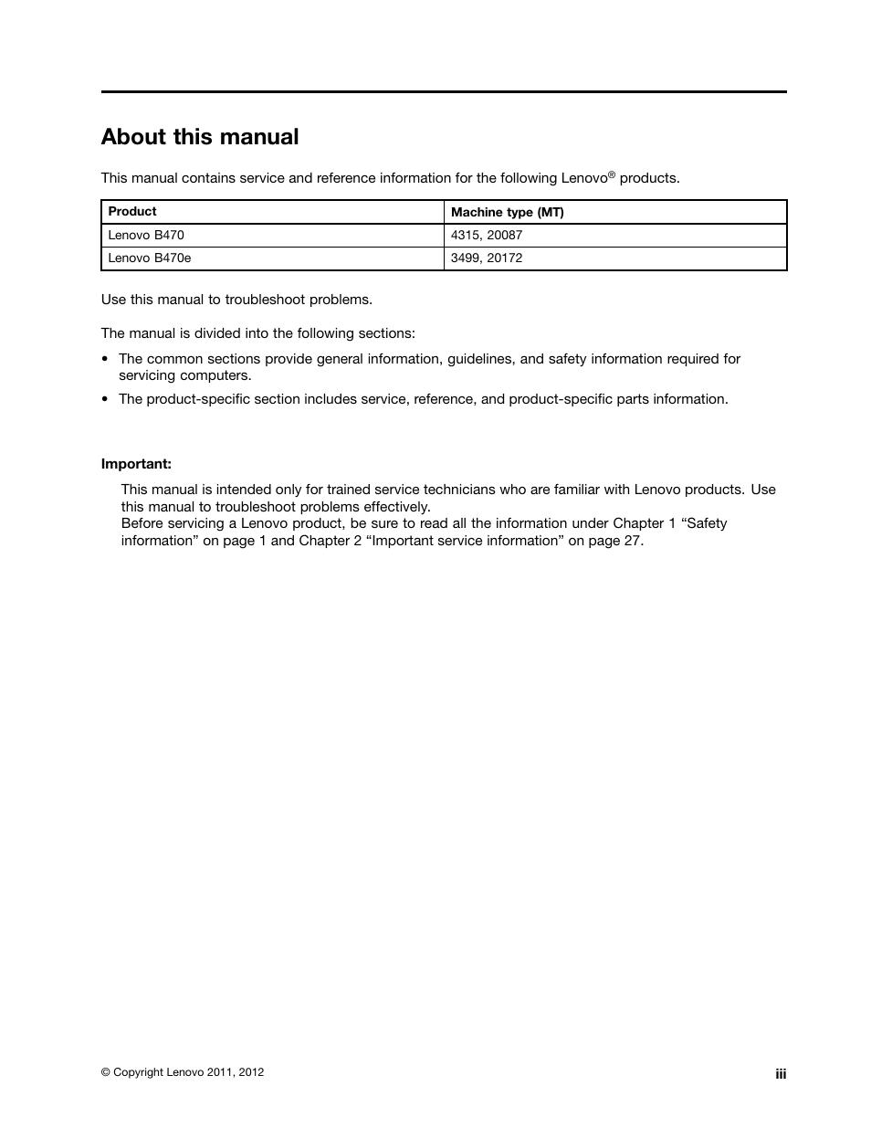 About this manual | Lenovo B470e Notebook User Manual | Page 5 / 92