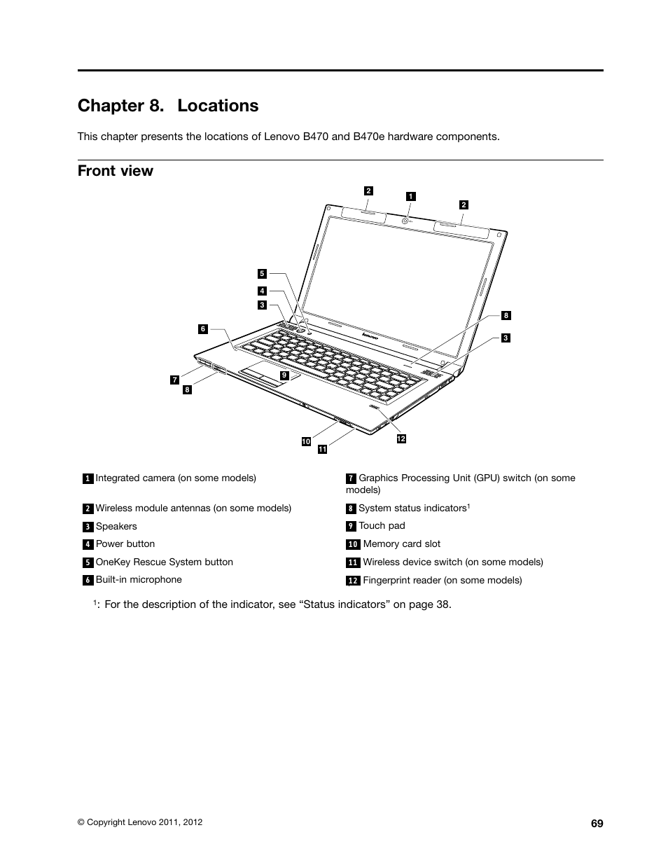 Chapter 8. locations, Front view | Lenovo B470e Notebook User Manual | Page 75 / 92