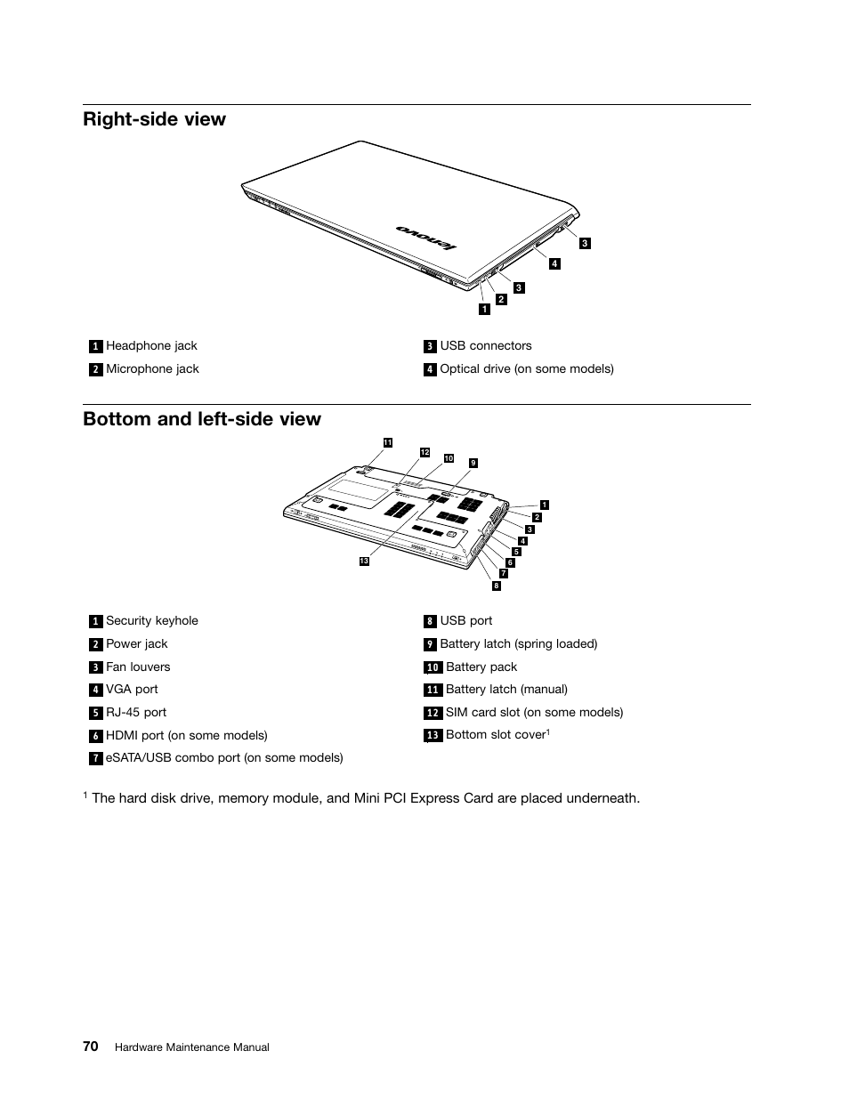 Right-side view, Bottom and left-side view | Lenovo B470e Notebook User Manual | Page 76 / 92