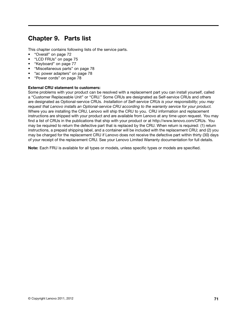 Chapter 9. parts list | Lenovo B470e Notebook User Manual | Page 77 / 92