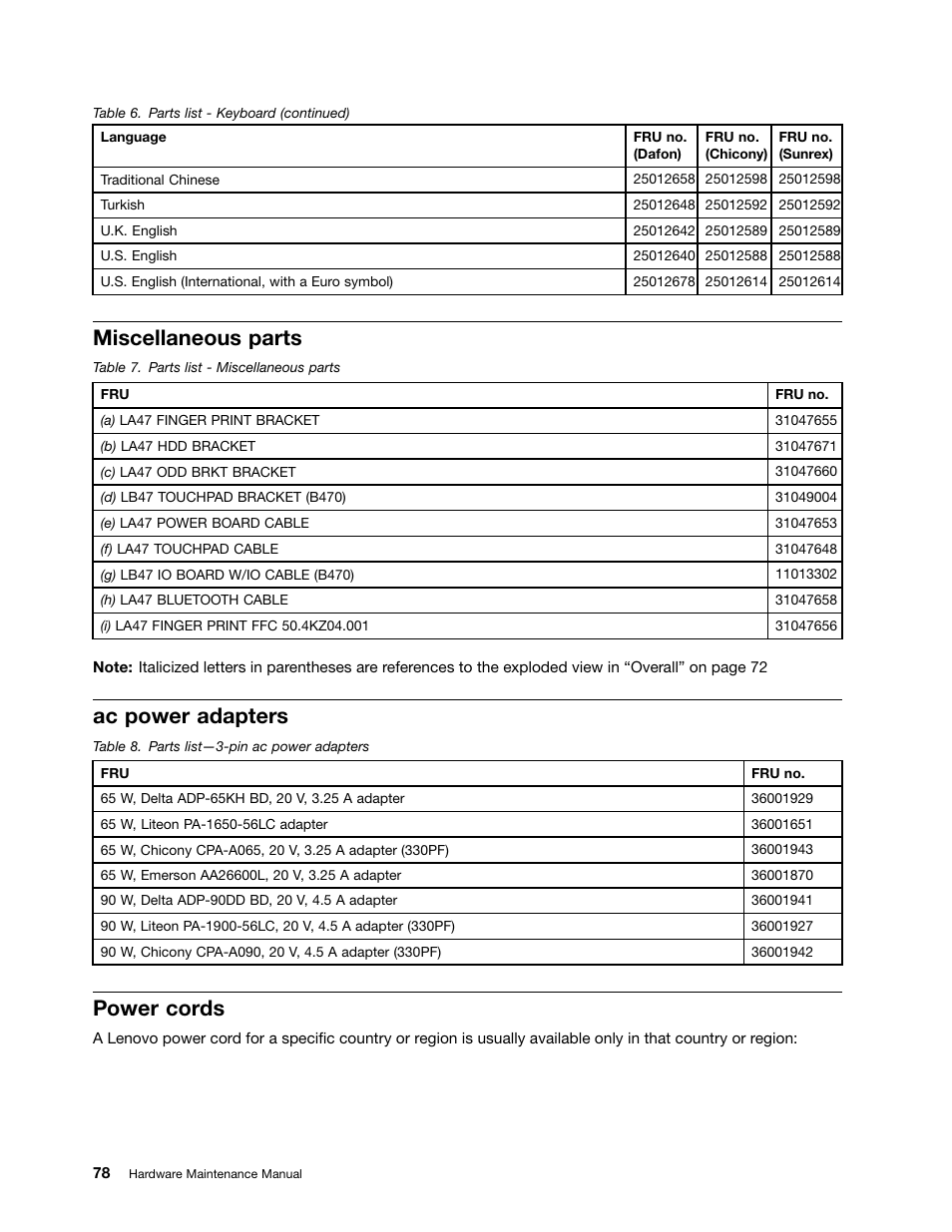 Miscellaneous parts, Ac power adapters, Power cords | Lenovo B470e Notebook User Manual | Page 84 / 92