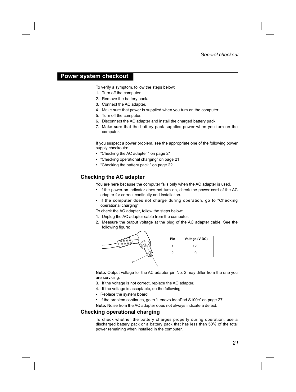 Power system checkout, Checking the ac adapter, Checking operational charging | Lenovo IdeaPad S100c Notebook User Manual | Page 25 / 89