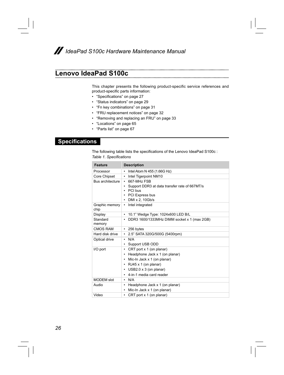 Lenovo ideapad s100c, Ideapad s100c hardware maintenance manual, Specifi cations | Lenovo IdeaPad S100c Notebook User Manual | Page 30 / 89