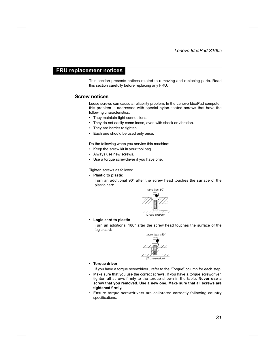Fru replacement notices, Screw notices | Lenovo IdeaPad S100c Notebook User Manual | Page 35 / 89