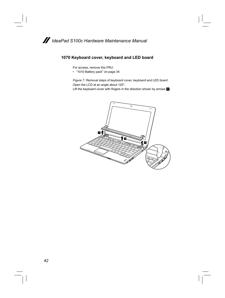 Ideapad s100c hardware maintenance manual, 1070 keyboard cover, keyboard and led board | Lenovo IdeaPad S100c Notebook User Manual | Page 46 / 89