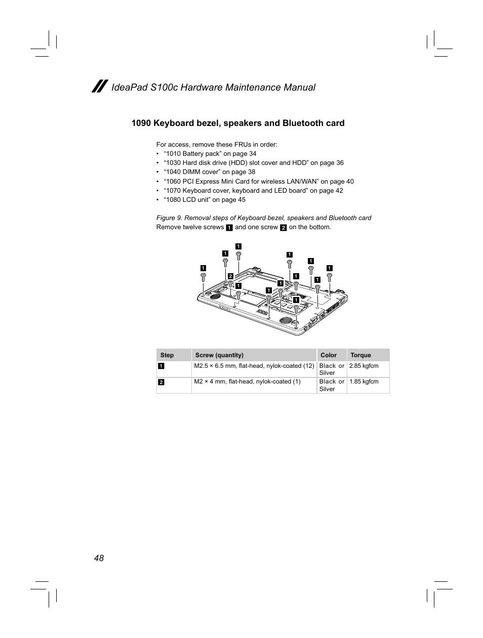 Ideapad s100c hardware maintenance manual, 1090 keyboard bezel, speakers and bluetooth card | Lenovo IdeaPad S100c Notebook User Manual | Page 52 / 89