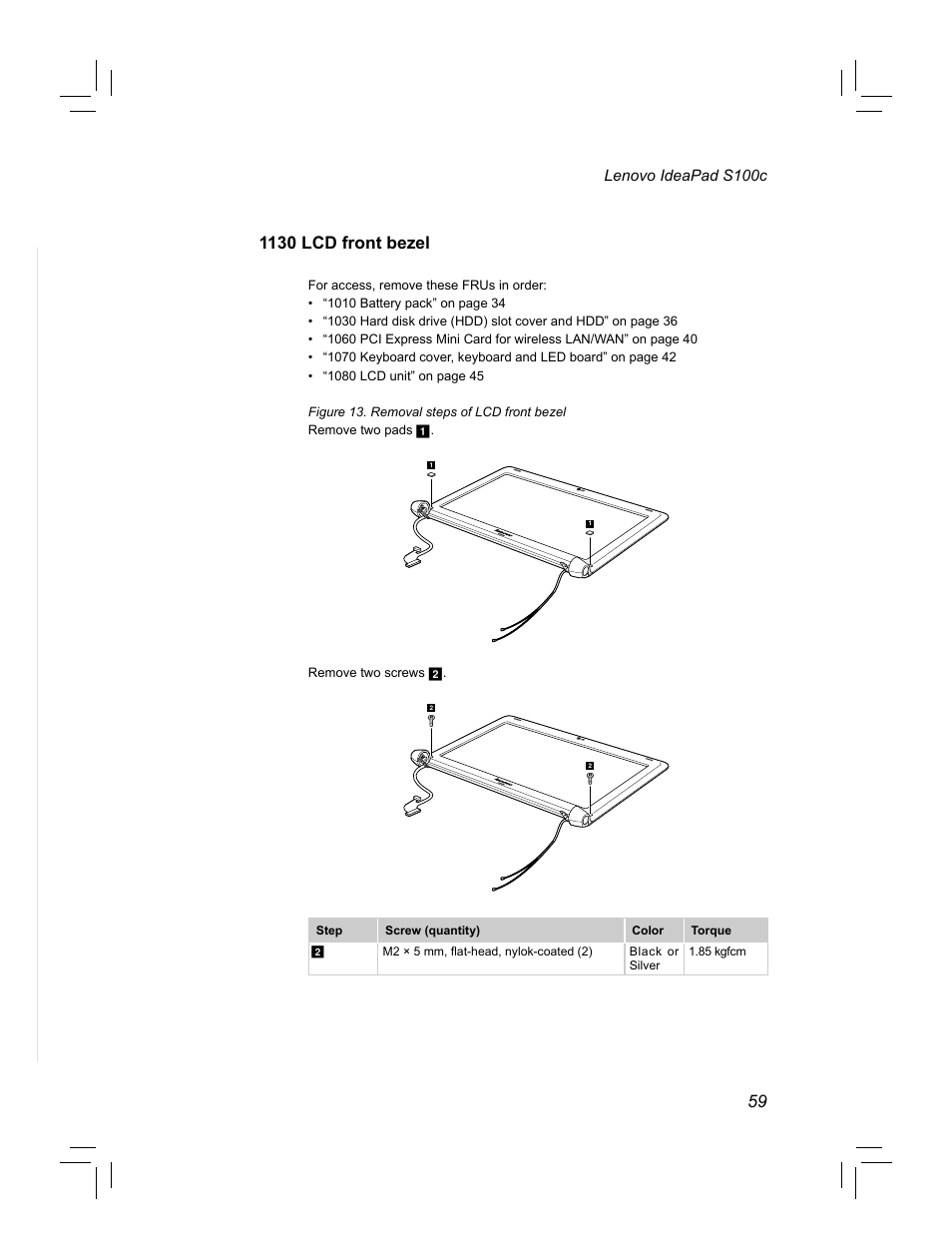 1130 lcd front bezel | Lenovo IdeaPad S100c Notebook User Manual | Page 63 / 89