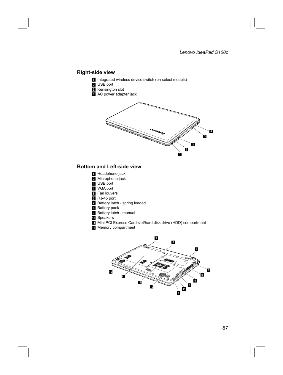 Right-side view, Bottom and left-side view, Lenovo ideapad s100c | Lenovo IdeaPad S100c Notebook User Manual | Page 71 / 89