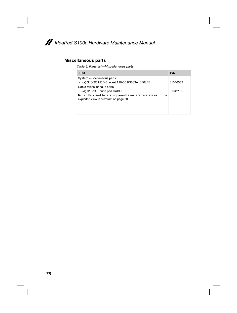 Ideapad s100c hardware maintenance manual, Miscellaneous parts | Lenovo IdeaPad S100c Notebook User Manual | Page 82 / 89