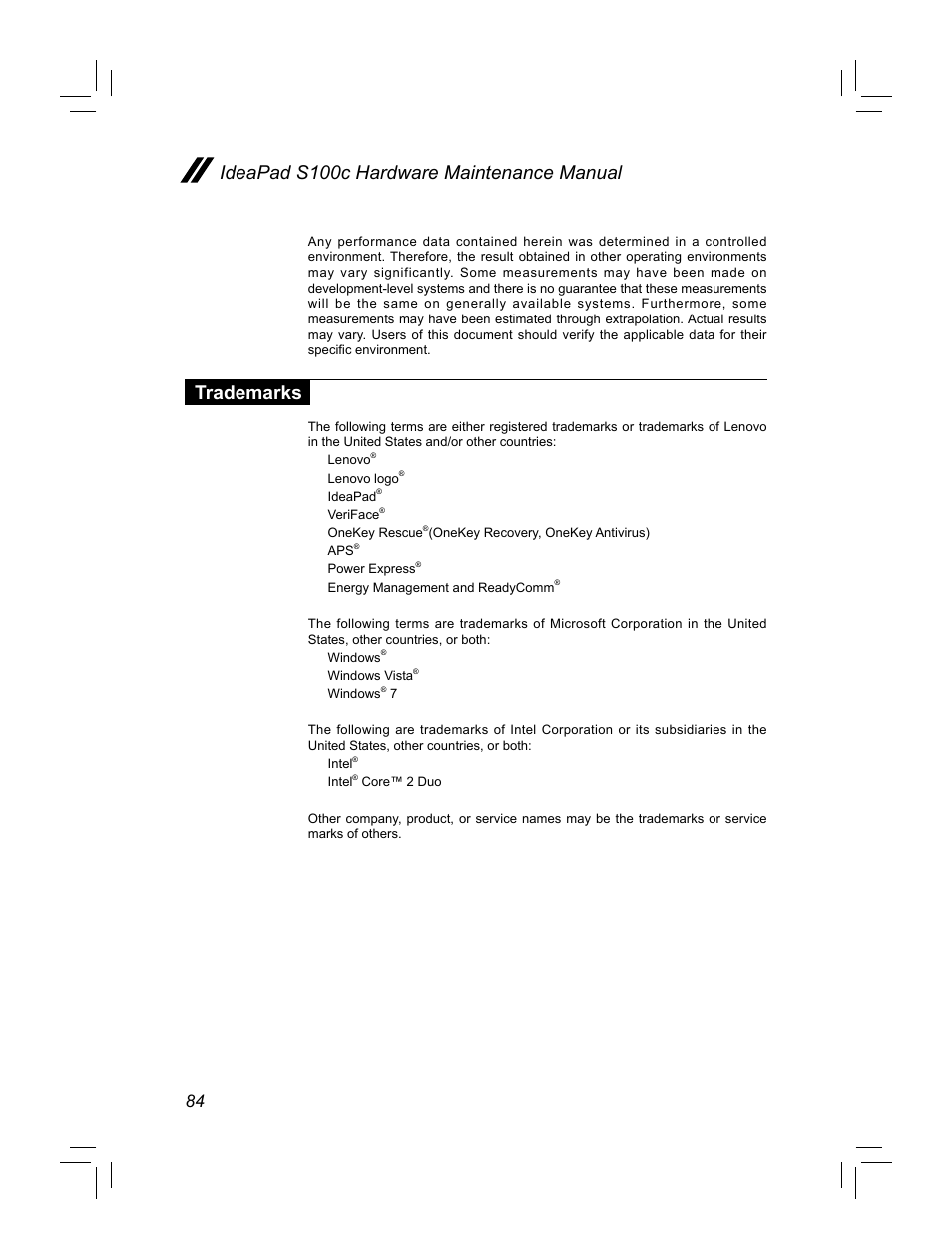 Ideapad s100c hardware maintenance manual, Trademarks | Lenovo IdeaPad S100c Notebook User Manual | Page 88 / 89