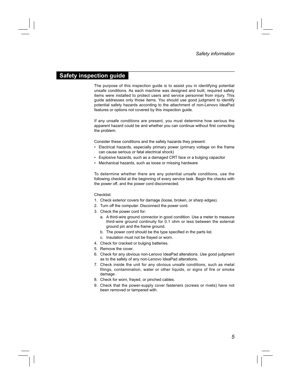 Safety inspection guide | Lenovo IdeaPad S100c Notebook User Manual | Page 9 / 89