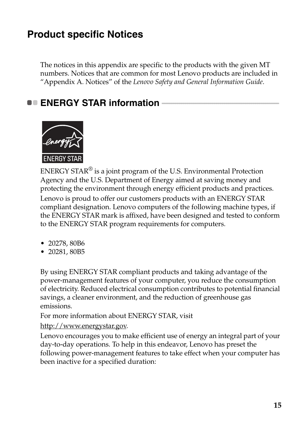 Product specific notices, Energy star information | Lenovo B5400 Notebook User Manual | Page 15 / 23