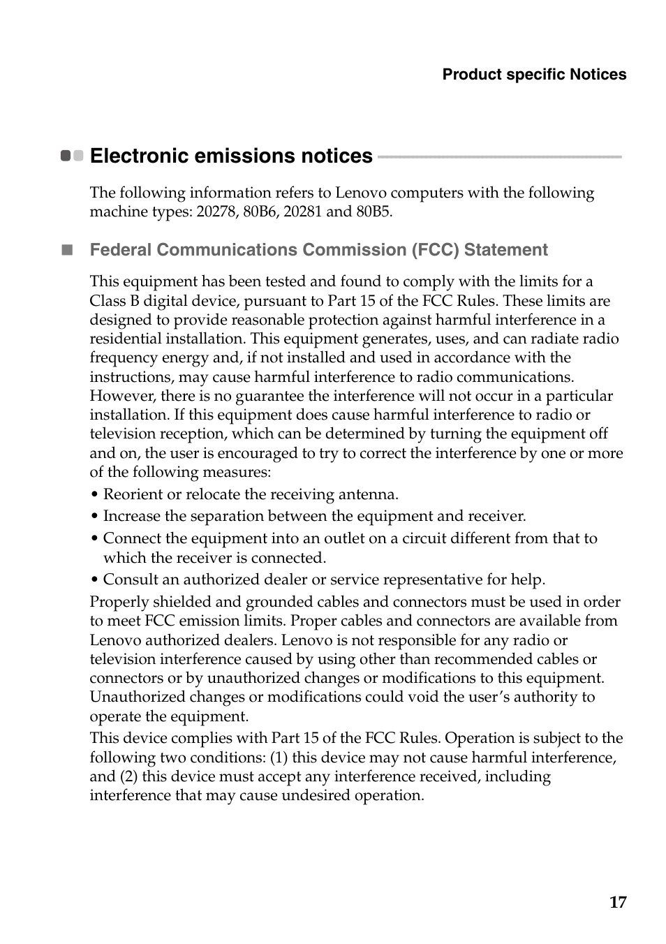 Electronic emissions notices | Lenovo B5400 Notebook User Manual | Page 17 / 23