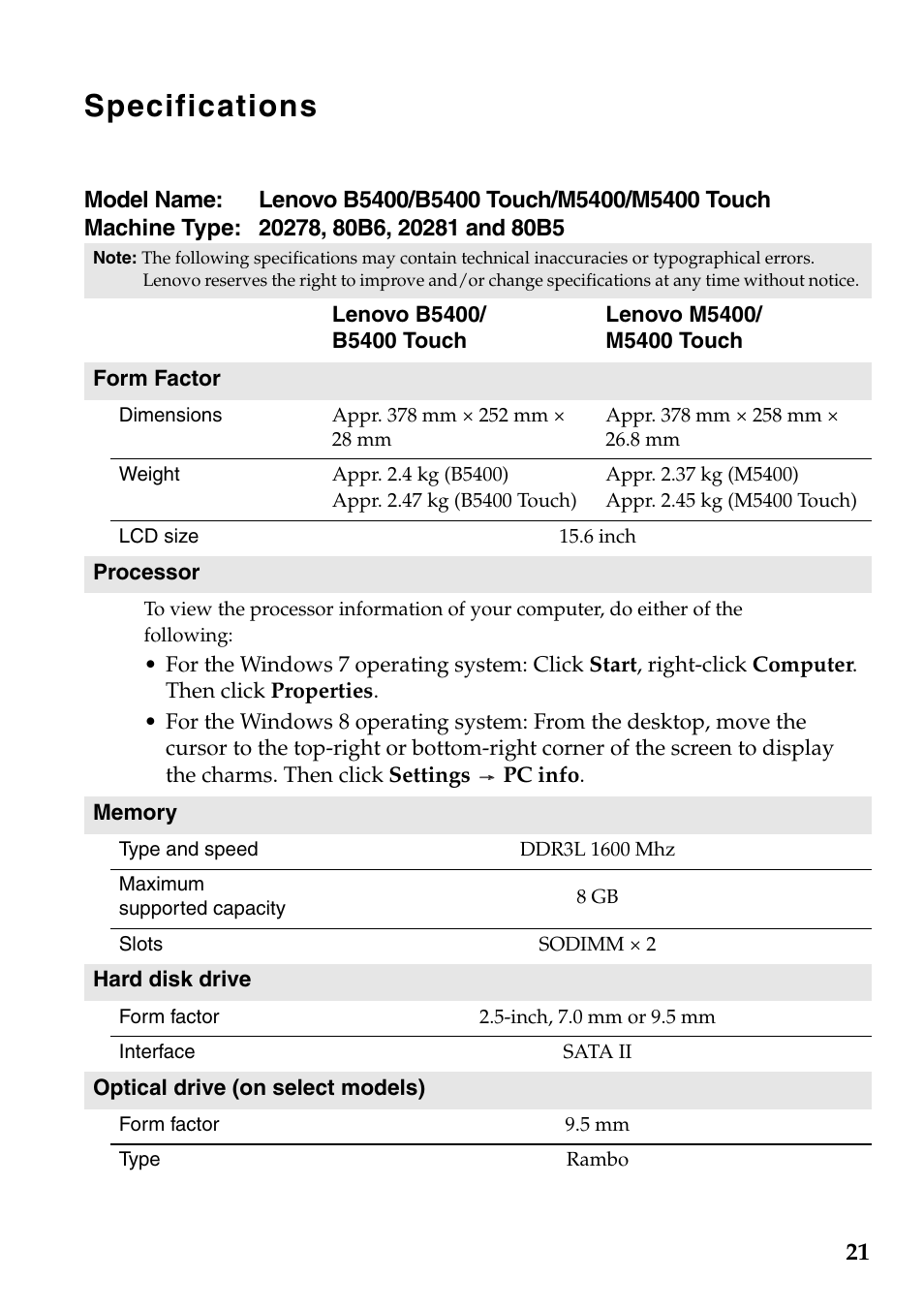 Specifications | Lenovo B5400 Notebook User Manual | Page 21 / 23