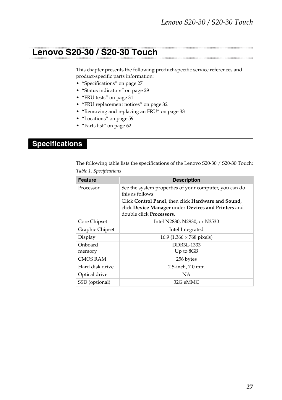 Lenovo s20-30 / s20-30 touch, Specifications, Lenovo s20-30 / s20-30 touch specifications | Lenovo S20-30 Touch Notebook User Manual | Page 31 / 82