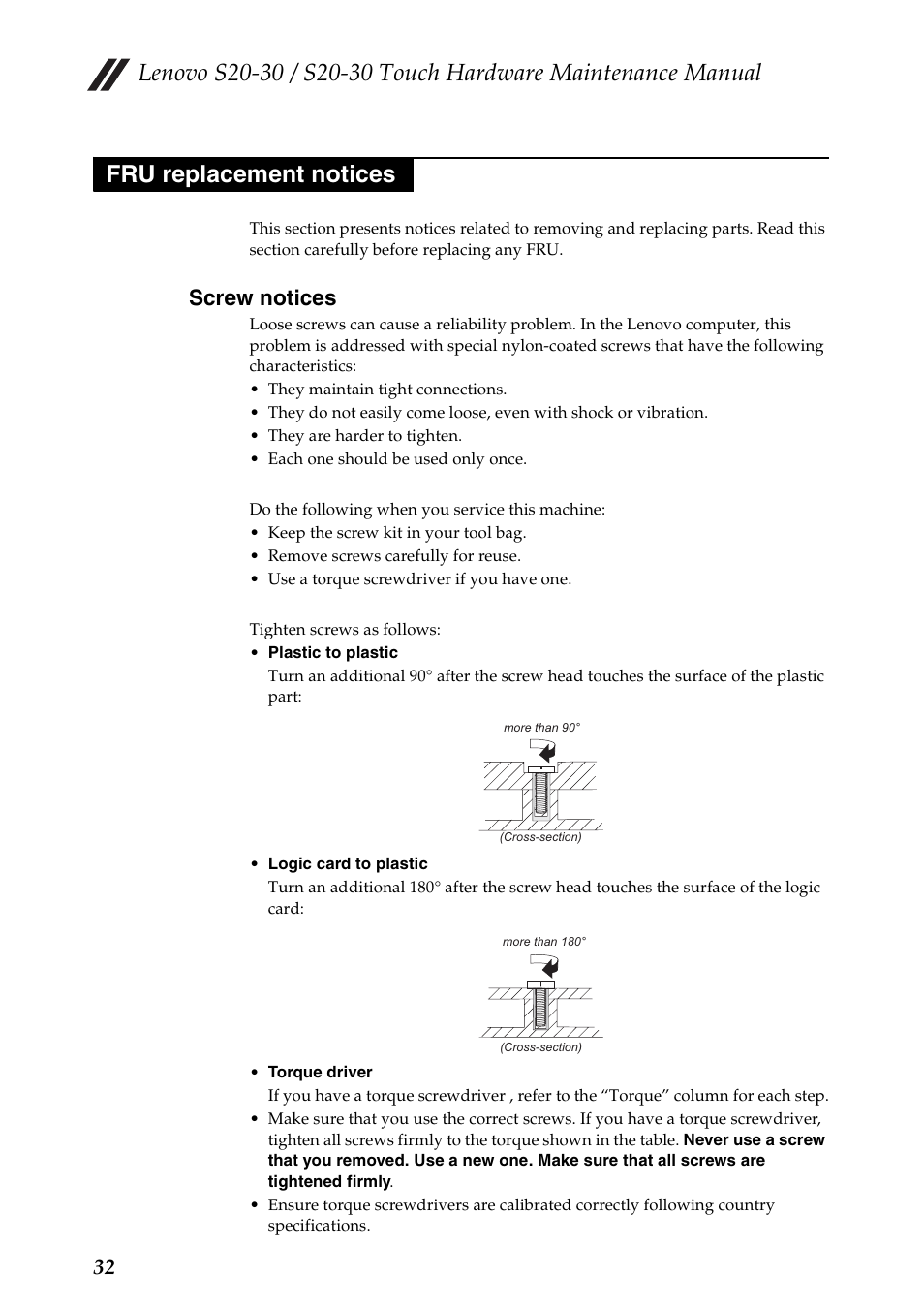 Fru replacement notices, Screw notices | Lenovo S20-30 Touch Notebook User Manual | Page 36 / 82