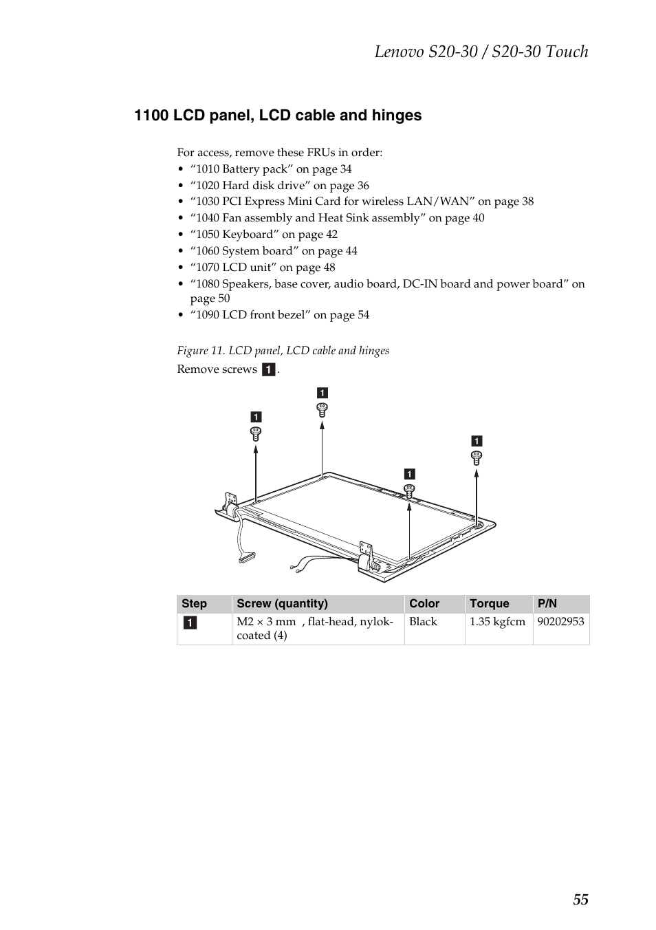 1100 lcd panel, lcd cable and hinges | Lenovo S20-30 Touch Notebook User Manual | Page 59 / 82