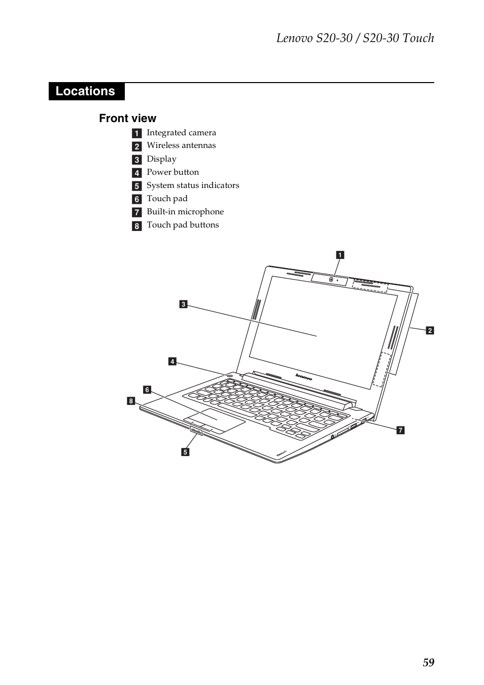 Locations, Front view, 59 front view | Lenovo S20-30 Touch Notebook User Manual | Page 63 / 82