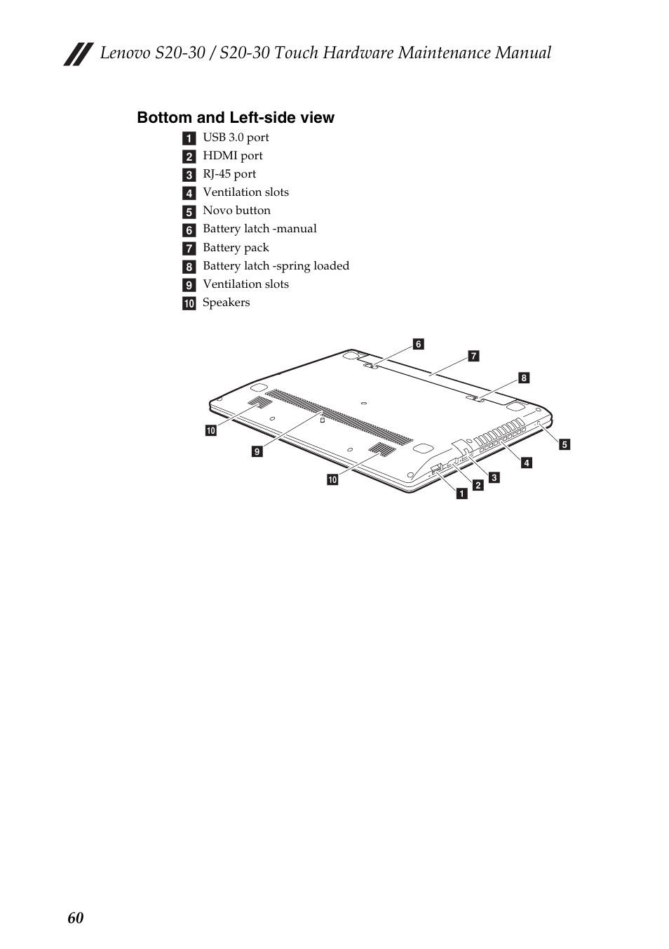 Bottom and left-side view, 60 bottom and left-side view | Lenovo S20-30 Touch Notebook User Manual | Page 64 / 82