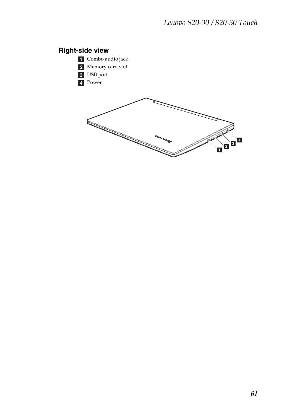 Right-side view, 61 right-side view | Lenovo S20-30 Touch Notebook User Manual | Page 65 / 82