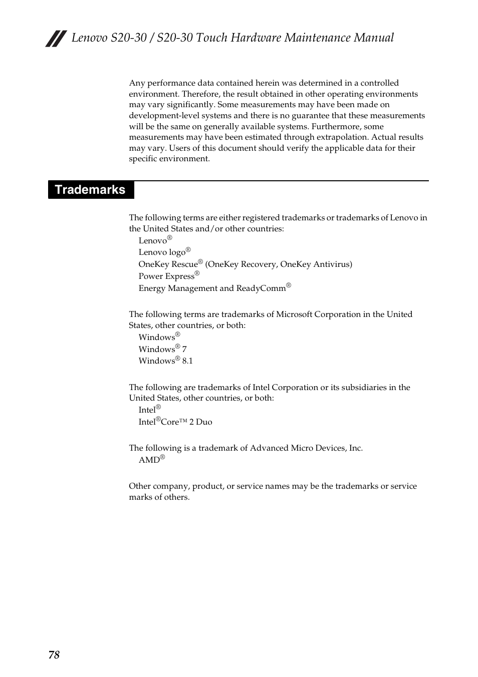 Trademarks | Lenovo S20-30 Touch Notebook User Manual | Page 82 / 82