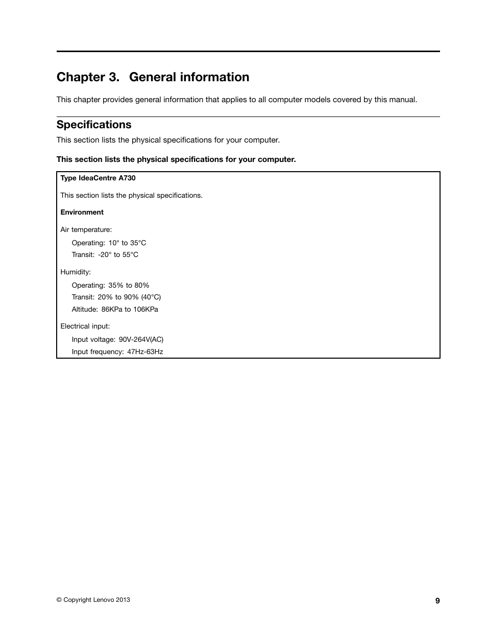 Chapter 3. general information, Specifications | Lenovo A730 All-in-One IdeaCentre User Manual | Page 15 / 75