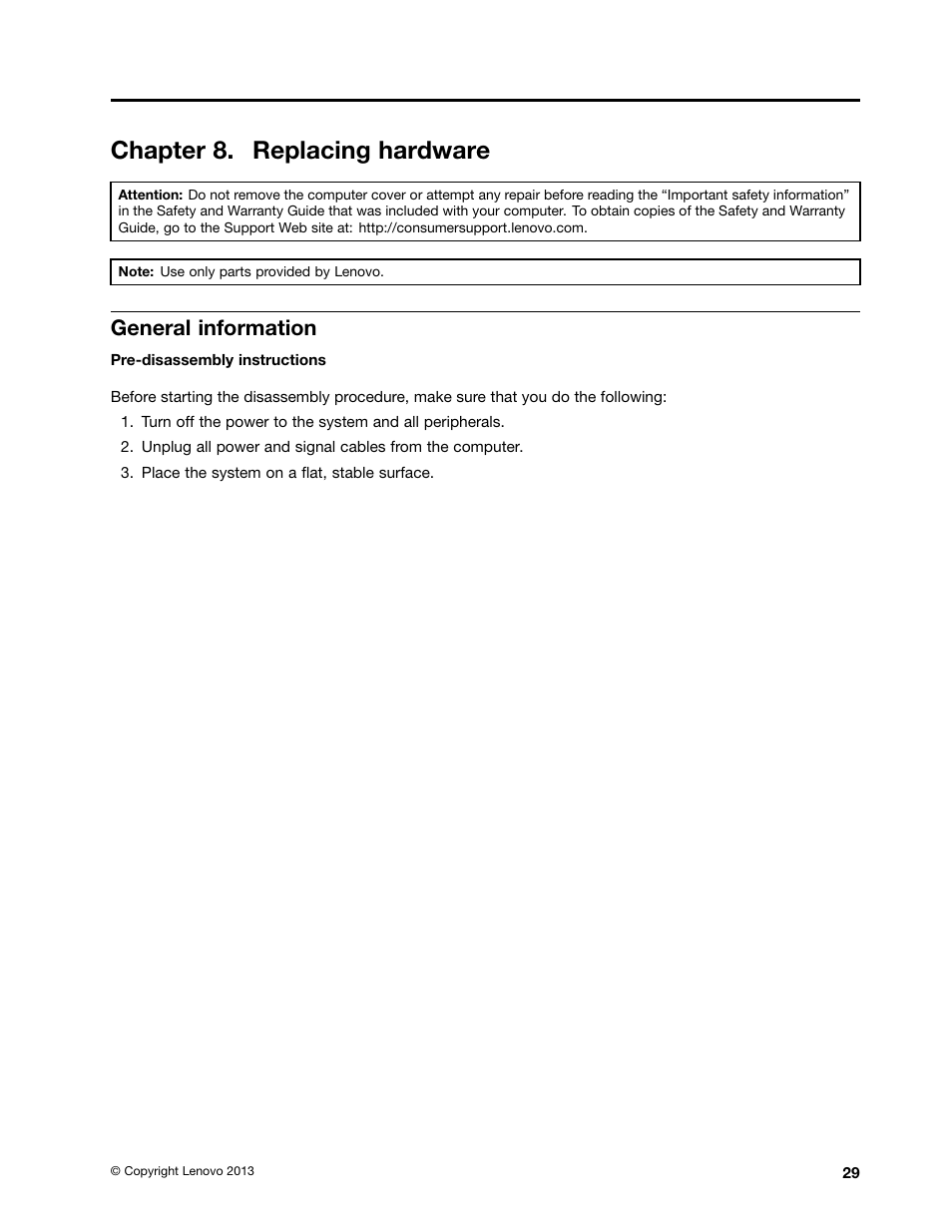 Chapter 8. replacing hardware, General information | Lenovo A730 All-in-One IdeaCentre User Manual | Page 35 / 75