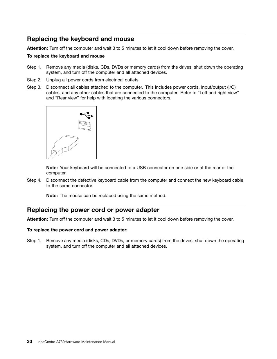 Replacing the keyboard and mouse, Replacing the power cord or power adapter | Lenovo A730 All-in-One IdeaCentre User Manual | Page 36 / 75