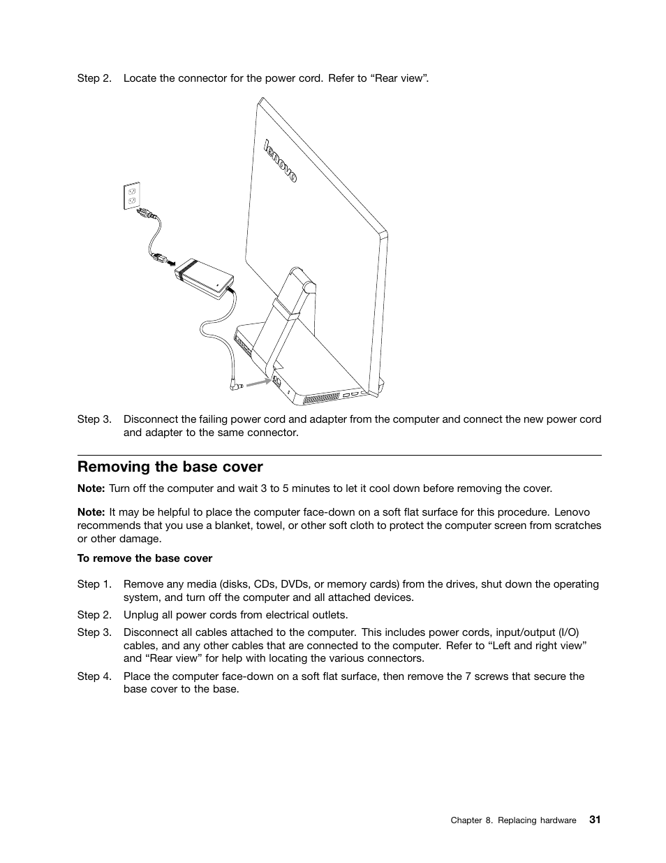 Removing the base cover | Lenovo A730 All-in-One IdeaCentre User Manual | Page 37 / 75