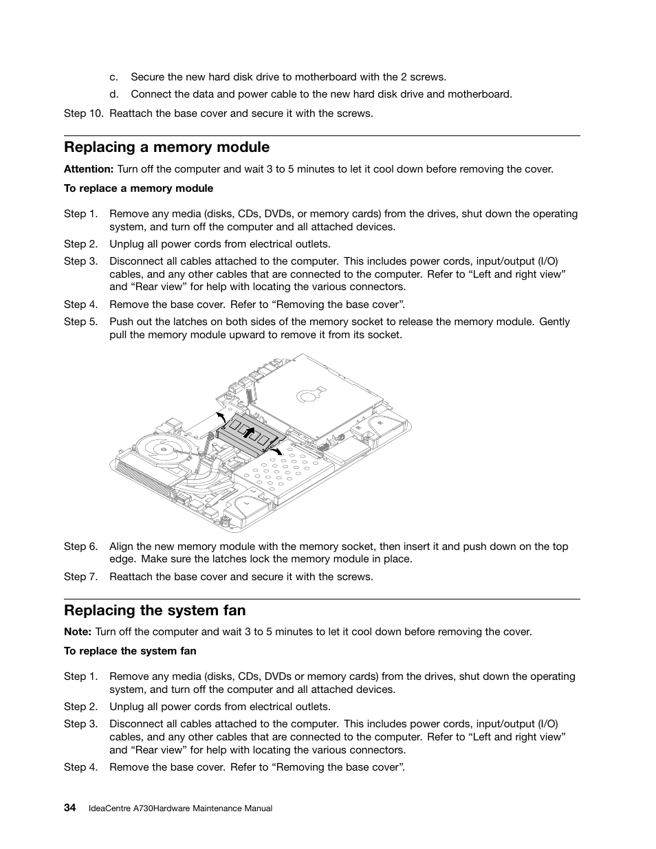 Replacing a memory module, Replacing the system fan | Lenovo A730 All-in-One IdeaCentre User Manual | Page 40 / 75