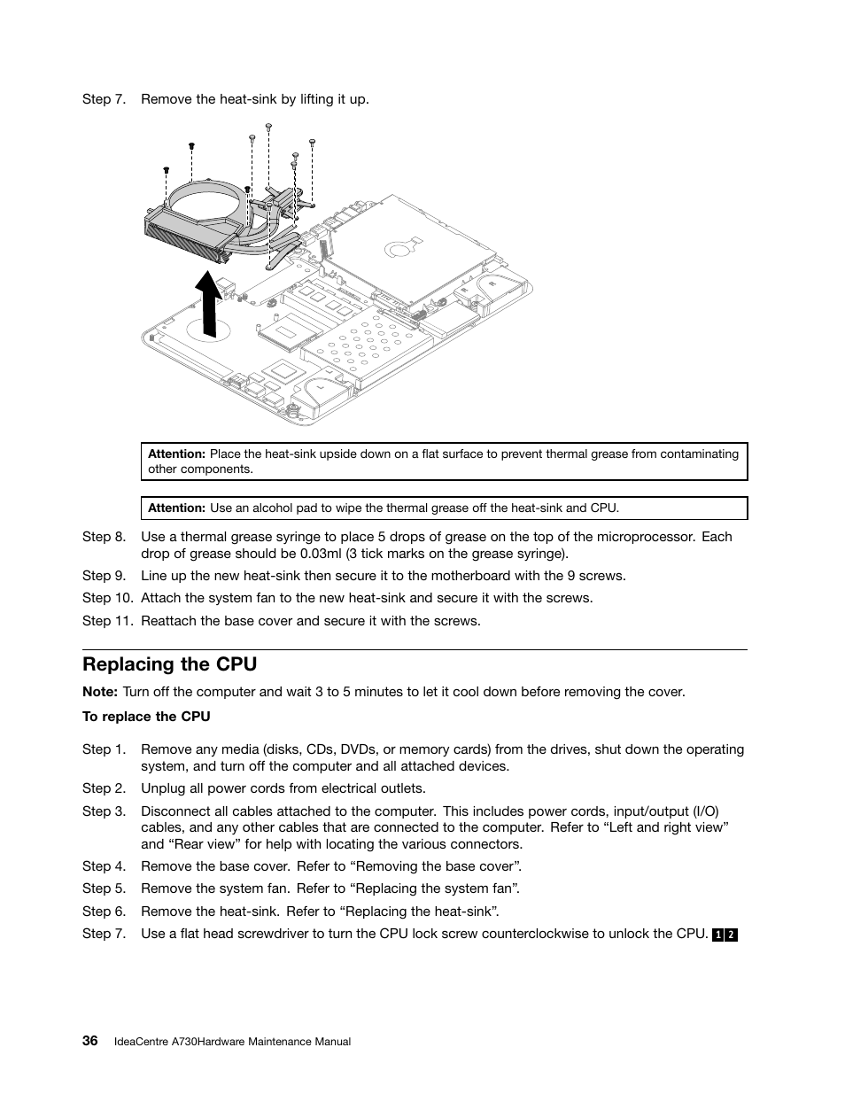 Replacing the cpu | Lenovo A730 All-in-One IdeaCentre User Manual | Page 42 / 75