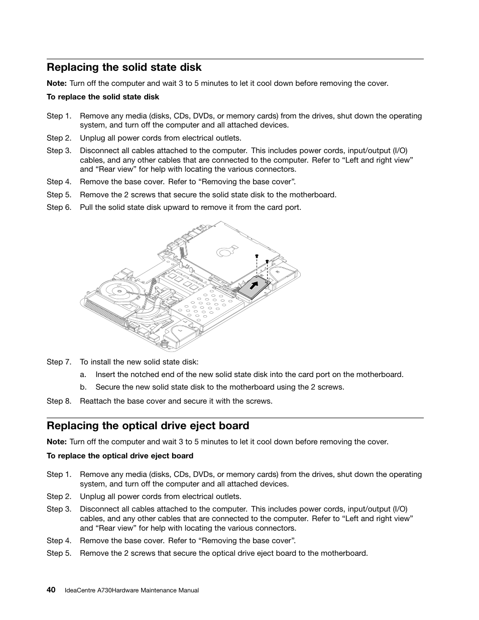 Replacing the solid state disk, Replacing the optical drive eject board | Lenovo A730 All-in-One IdeaCentre User Manual | Page 46 / 75