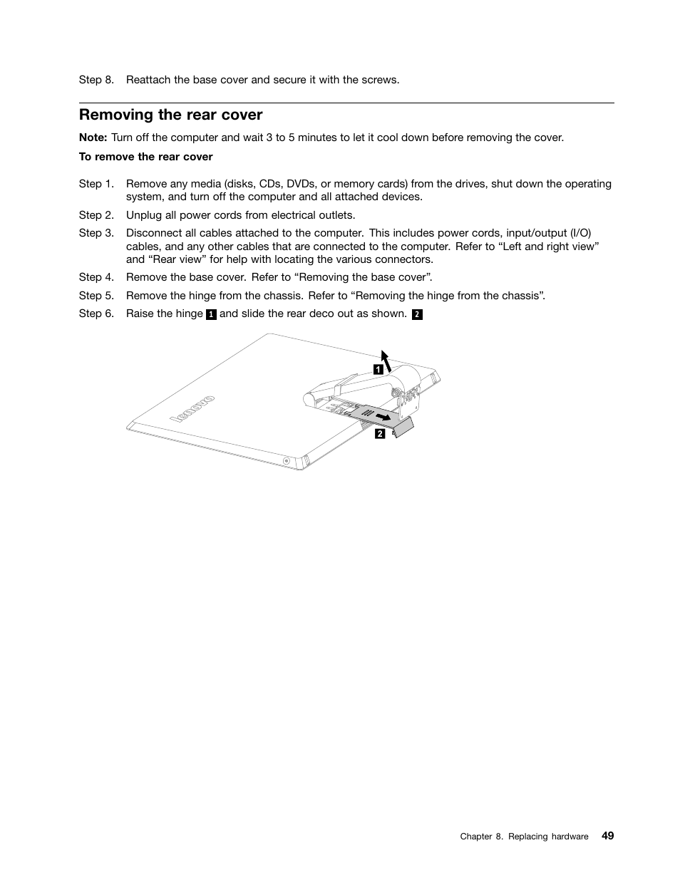 Removing the rear cover | Lenovo A730 All-in-One IdeaCentre User Manual | Page 55 / 75