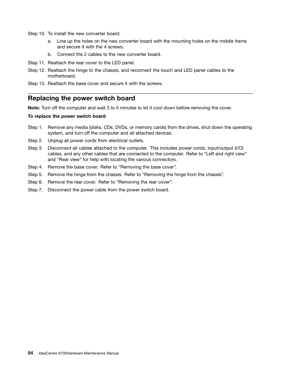 Replacing the power switch board | Lenovo A730 All-in-One IdeaCentre User Manual | Page 60 / 75