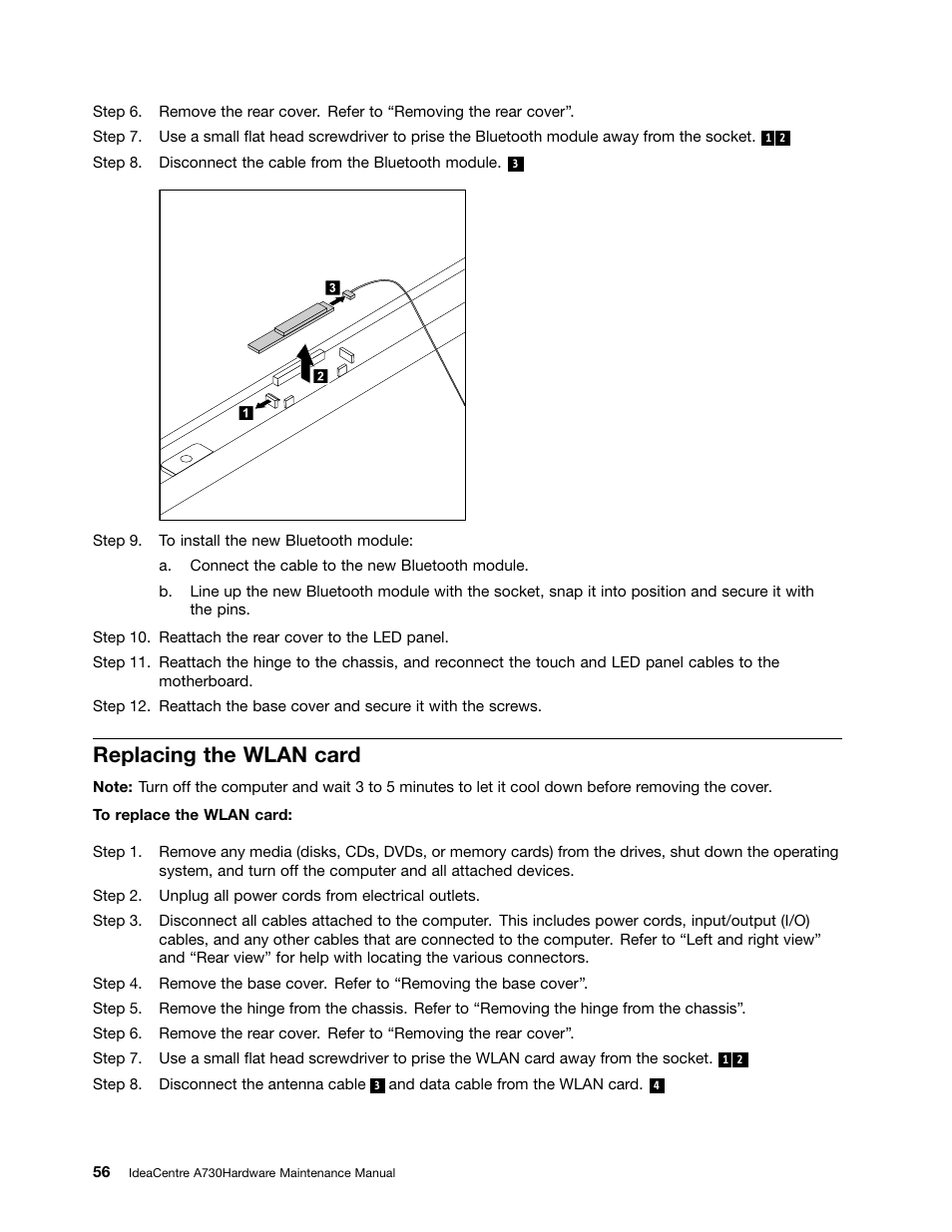 Replacing the wlan card | Lenovo A730 All-in-One IdeaCentre User Manual | Page 62 / 75