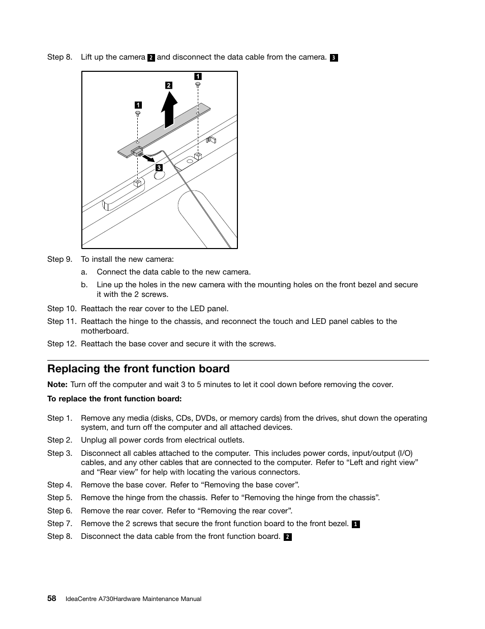 Replacing the front function board | Lenovo A730 All-in-One IdeaCentre User Manual | Page 64 / 75