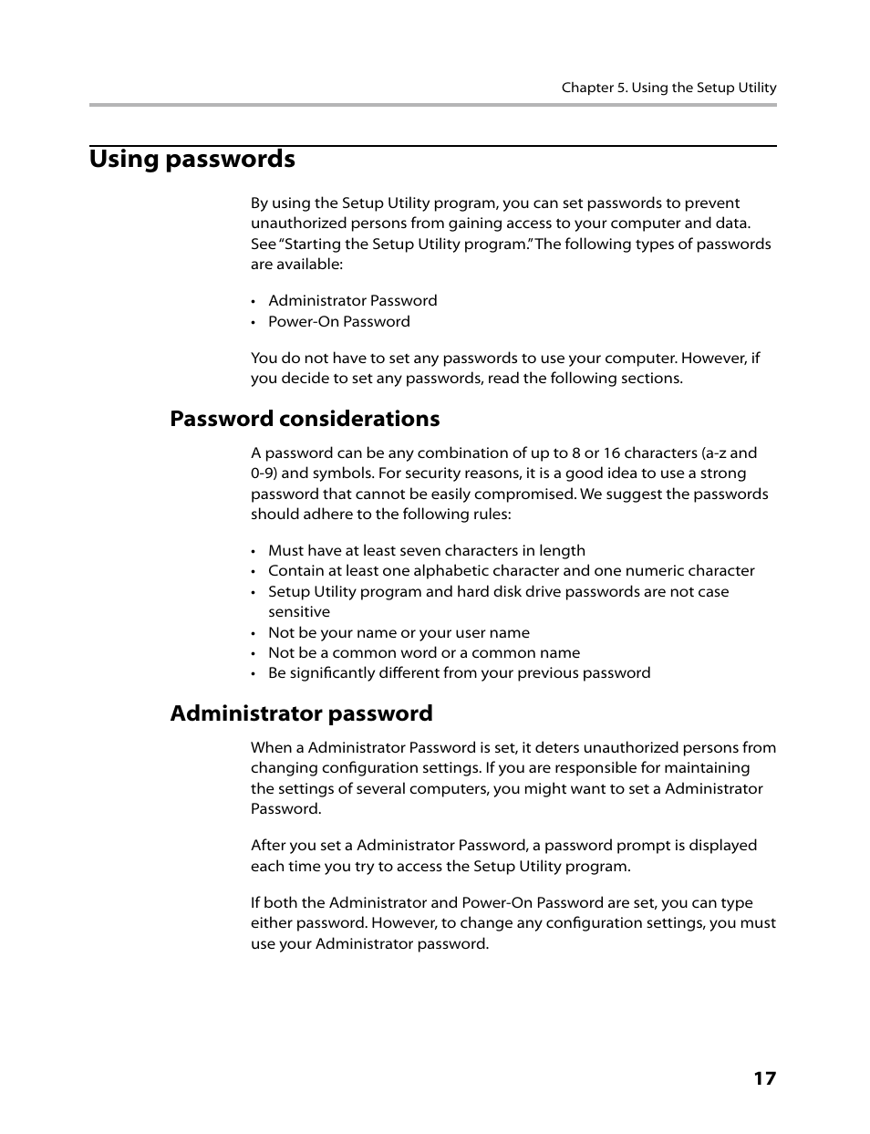 Using passwords, Password considerations, Administrator password | Lenovo 3000 C305 All-In-One User Manual | Page 19 / 71