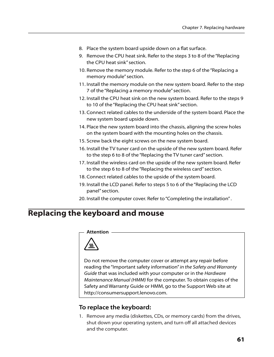 Replacing the keyboard and mouse | Lenovo 3000 C305 All-In-One User Manual | Page 63 / 71