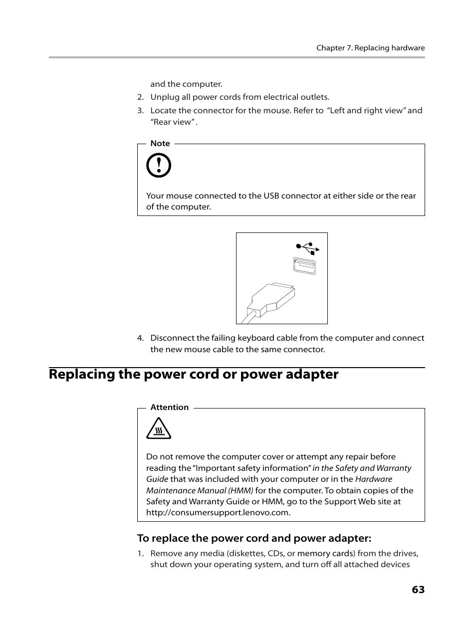 Replacing the power cord or power adapter | Lenovo 3000 C305 All-In-One User Manual | Page 65 / 71