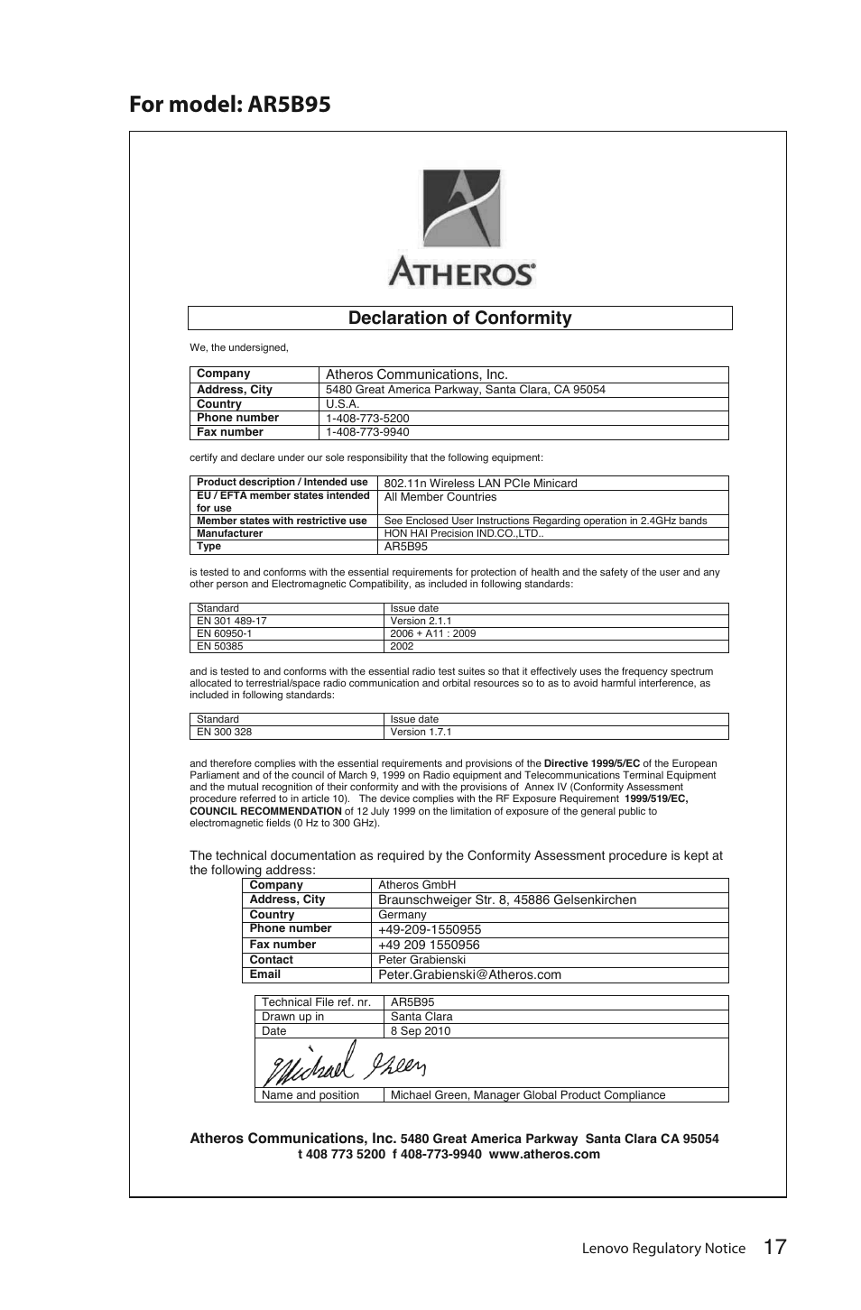 For model: ar5b95, Declaration of conformity, Lenovo regulatory notice | Lenovo C325 All-In-One User Manual | Page 18 / 37