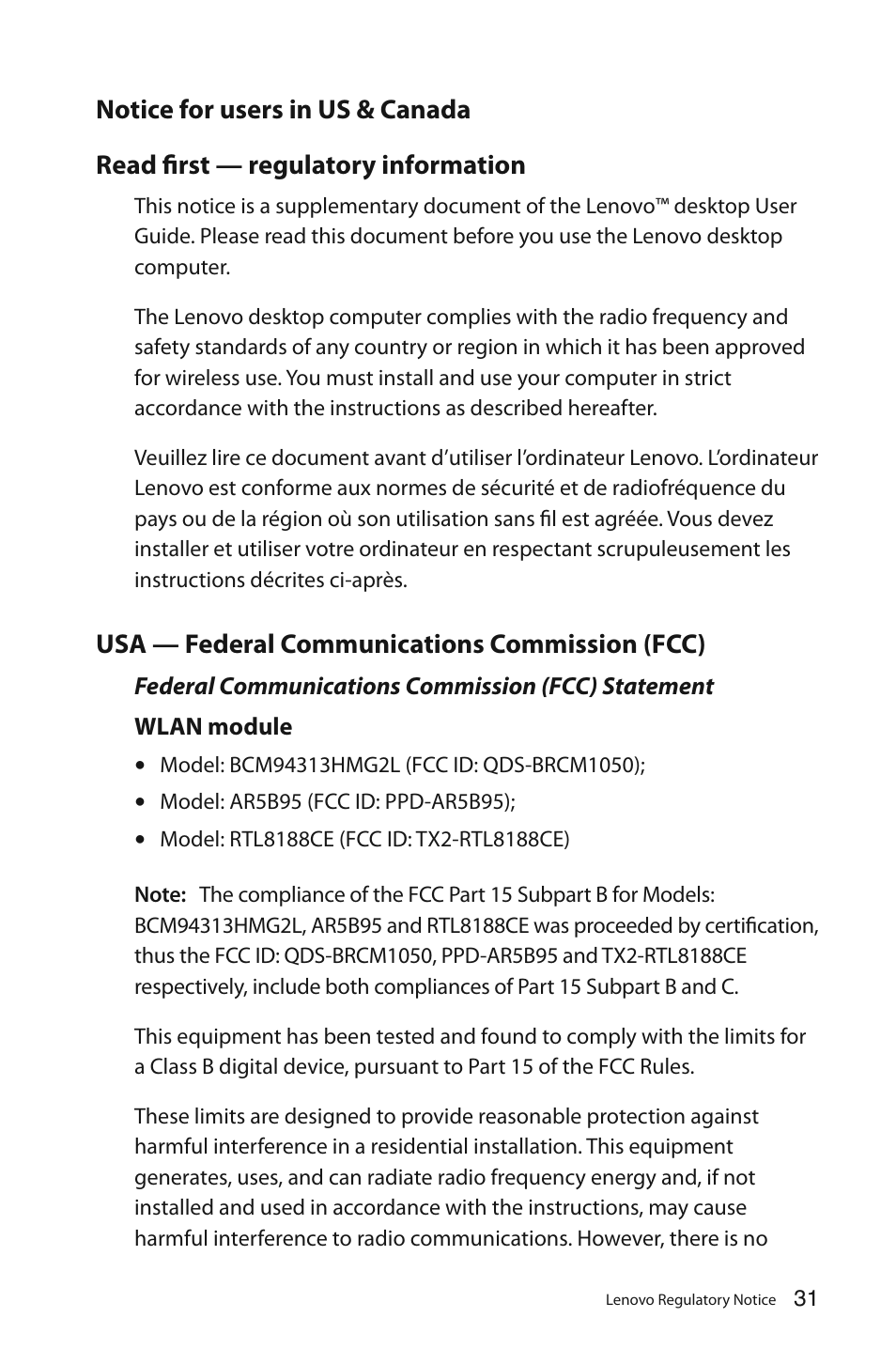 Usa — federal communications commission (fcc) | Lenovo C325 All-In-One User Manual | Page 32 / 37