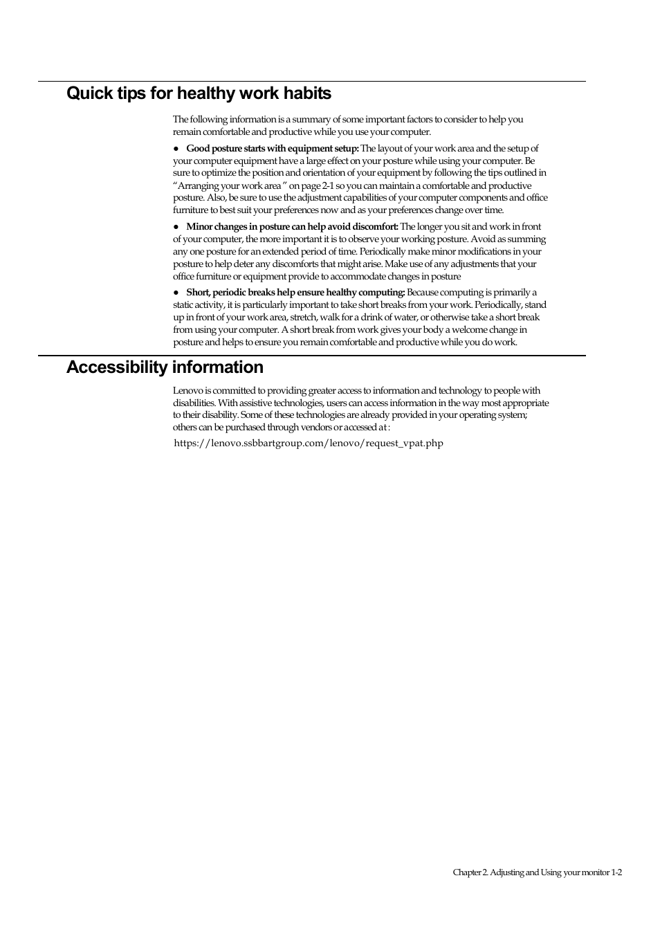 Quick tips for healthy work habits, Accessibility information | Lenovo ThinkVision Pro2840m Wide Flat Panel Monitor User Manual | Page 14 / 35