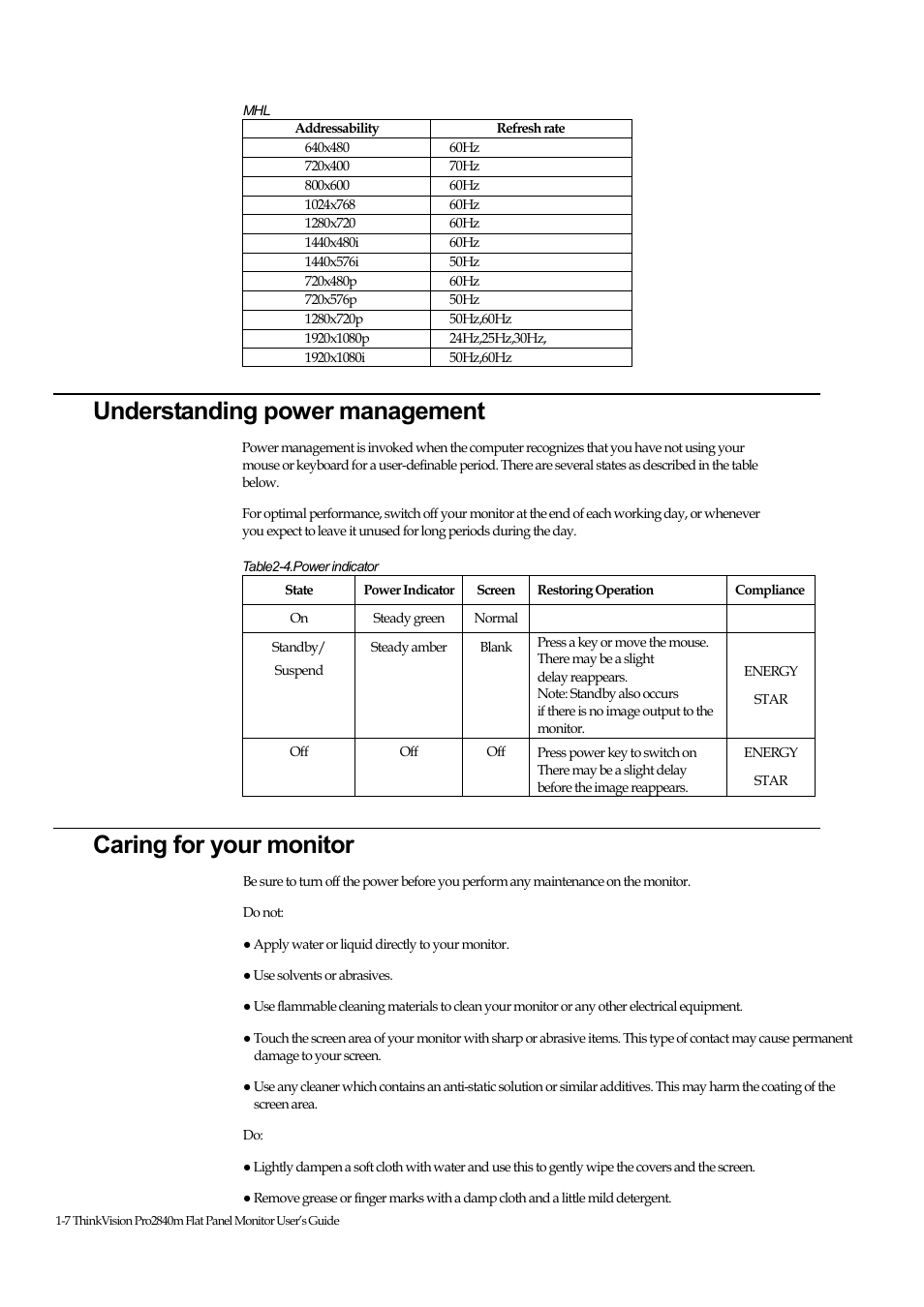 Understanding power management, Caring for your monitor | Lenovo ThinkVision Pro2840m Wide Flat Panel Monitor User Manual | Page 19 / 35